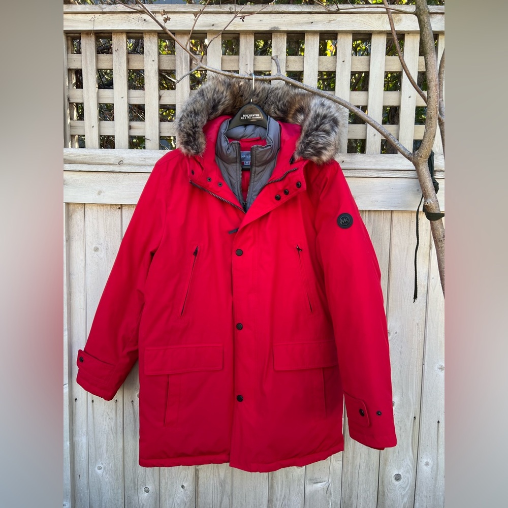 Michael Kors Red Hooded Parka Coat with Faux Fur Trim – Size M NEW W/o Tags
